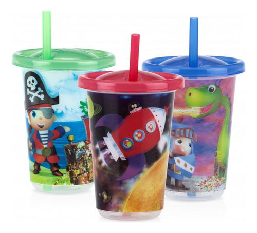 Set Nuby 3 Vasos Decorados Con Sorbito 300 Ml Sin Bpa Ub