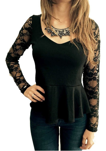 Blusas Remeras De Mujer Lisas Mangas Encaje Y Modal Peplum 