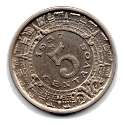 Moneda  5 Centavos 1937 Calendario Azteca Brillo Original