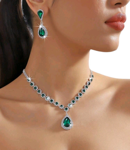 Set Collar + Aretes Joyeria Elegante Boda Fiesta Verde Mod 2