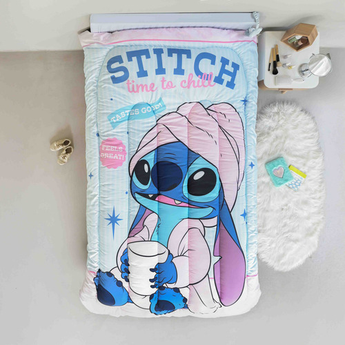 Acolchado Reversible Piñata Stitch 1 1/2 Plazas Celeste Stitch