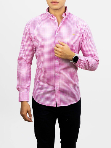 Camisa Hombre Casual Slim Fit Mini Cuadros Rosas Moon & Rain