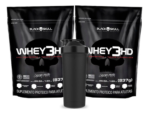 2x Whey 3hd 837g - Hidrolisado, Isolado E Conc - Black Skull Sabor Morango