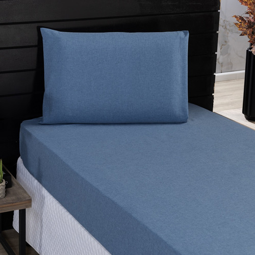 Jogo Roupa Cama Lençol Solteiro 400 Fios 2 Peças Barra Hotel Cor Linho azul Desenho do tecido Liso