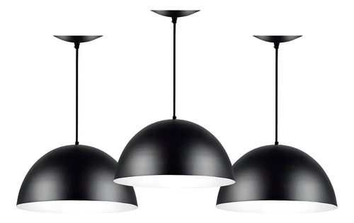 Lustre Pendentes Luminaria Kit3 Meia Lua 40cm 127/220V Cozinha Estrutura Preto Com Branco 127/220V
