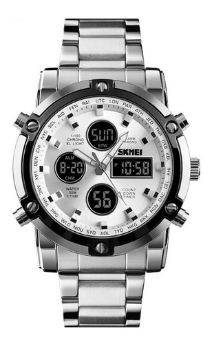 Relógio de pulso Skmei 1389 com corpo prateado,  analógico-digital, para masculino, fundo  branco, com correia de aço inoxidável cor prateado, agulhas cor branco e cinza, subdials de cor branco e preto, subesferas cor preto, ponteiro de minutos/segundos preto, bisel cor preto e prateado e dobrável