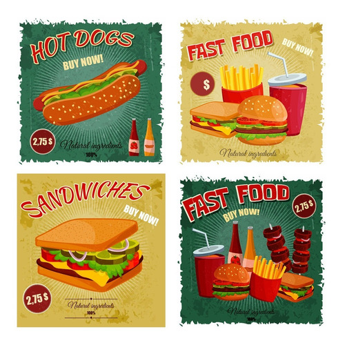 4 Carteles Metalicos Comida Rapida 20x20 Cms Hamburguesas