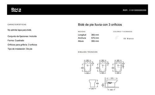 Combo Roca Dama Senso Inodoro Largo + Deposito + Bidet 3 Orificios