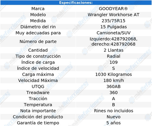Paquete De 2 Llantas 235/75r15 Goodyear Wrangler Workhose At