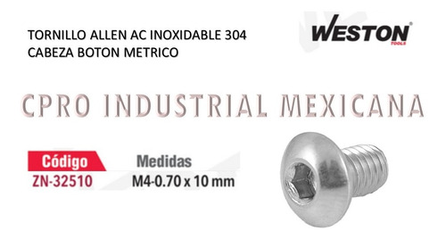 100 Tornillos Allen Cabeza De Boton Inoxidable M4-0.70x10mm