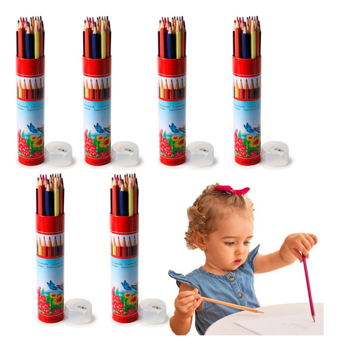 12 Lapices Colores Madera Tubo Metalico Sacapuntas 6 Piezas Trazo Multicolor