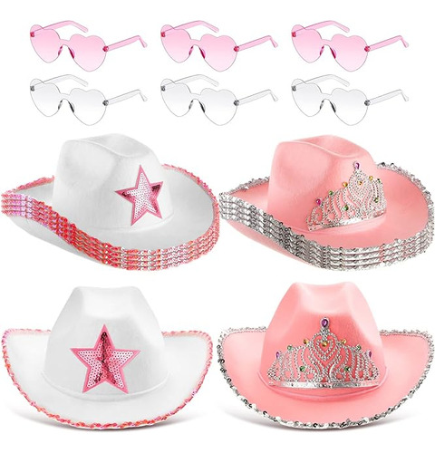 12 Sombreros Vaquera Rosa Y Con Lentes Sol Corazon Lentejuel