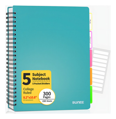 Sunee Cuaderno De 5 Materias Con Rayas Universitarias, 300 P