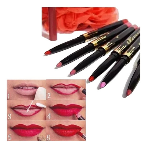 Set De 6 Delineadores Retractiles Para Labios Maquillaje Color Rojo