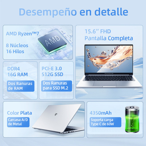 Notebook Laptop Machcreator 15n Amd Ryzen7 5825U 15.6'' Gris 16 Gb RAM DDR4 512 Gb SSD 60Hz 1920 Px X 1080 Px FHD AMD Radeon™ Graphics Windows 11 Pro