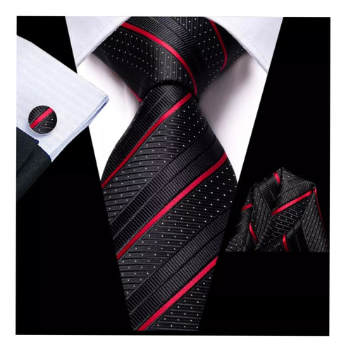 Elegante Corbata Rojo Y Negro Pañuelo  Colleras Roja Negra 