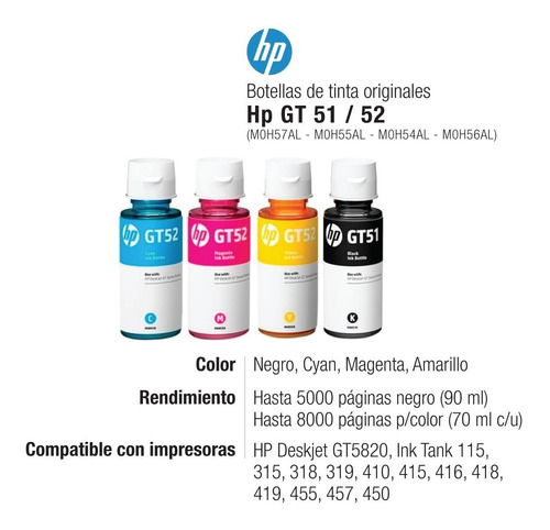 Combo Tinta Hp Gt51 + Gt52 Colores Original Hp 5820 410 415