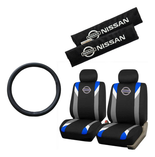 Funda Tela Gris Azul Y Cubre Cinto Nissan + Cubre Volante