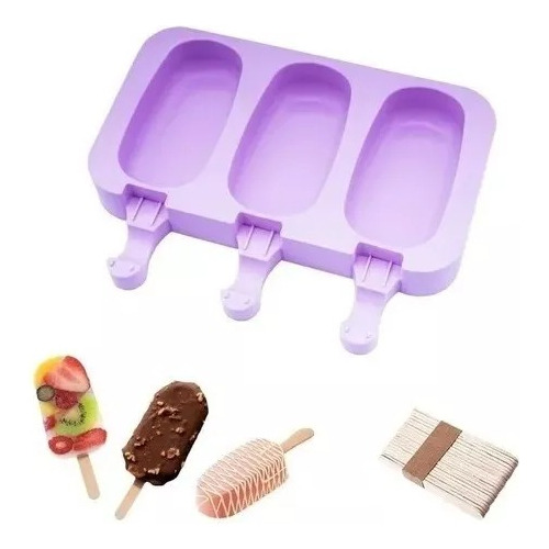 Molde Helado Silicona 3 Paletas + 50 Palitos Madera