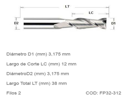 Fresas Planas Router Cnc 2 Filos 3,175mm, Corte 12mm