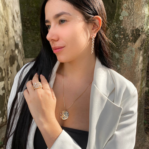 Brinco Longo Semi Joia Festa Zircônia Folheado A Ouro 18k