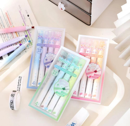 Destacadores Glitters 4 Unds Shiny Pen Brillitos Pasteles