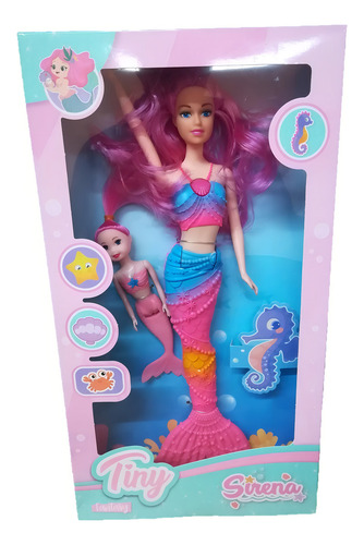 Juguete Muñeca Sirena 35cm Luz Con Mini Sirenita 16cm Tiny
