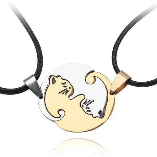 comprar Collar Cuero Pareja Novios Yin Yang Gatitos Dorado Plateado