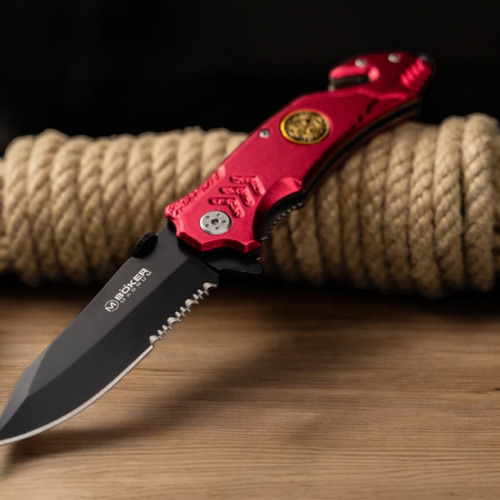 Navaja Boker Magnum Ll470 Bombero Rescatista Cortacinto Color Rojo Y Negro