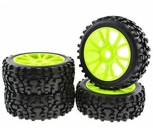 4pcs Rc 1: 8 Escala Doble Verde 6 Radios Llantas De Goma Lla