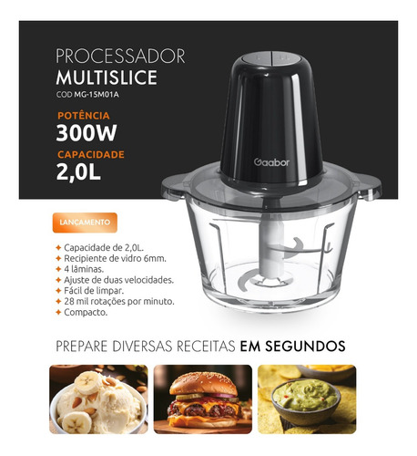 Processador Multislice Gaabor 300w 4 Lâminas Vidro 2l Cor Preto 127V