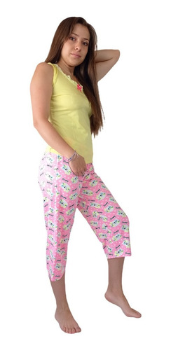 Pijama Capri Pesquero Lycra Estampada Blusa Encaje Algodón