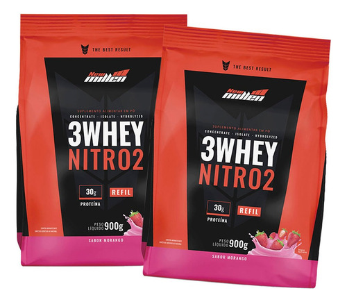 2 Whey Protein 3w Nitro2 900g Isolado Concentrado New Millen Sabor Morango