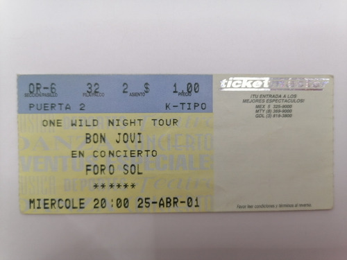 Bon Jovi Boleto Concierto Mexico 25 Abril 2001 Foro Sol