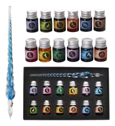 Kit  Caligrafia Arte Pluma Vidrio Cristal 12 Tintas Colores