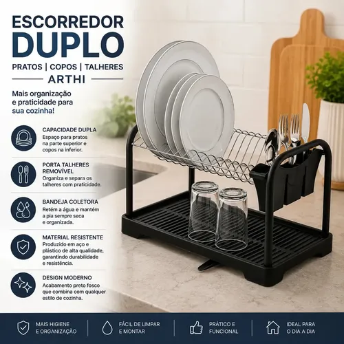 Escorredor De Louças Duplo Arthi Porta Pratos Copos Talheres Pret...