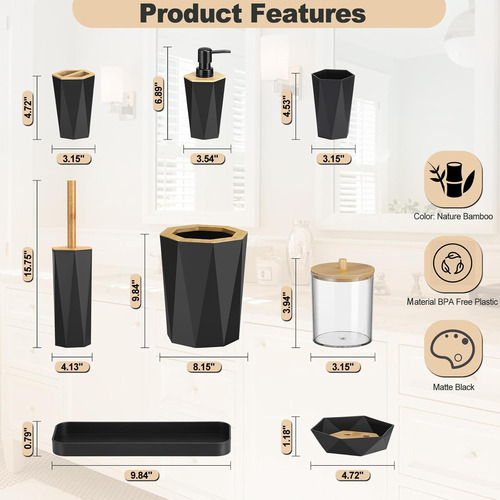 Juego De Accesorios De Baño De 9 Piezas, Color Negro Y Bambú