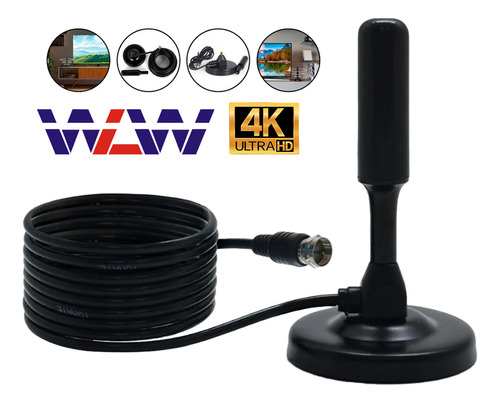 Antena Digital Televisão Hdtv Interna Fio 3m Base Imã Uhf