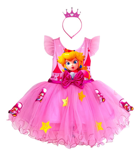 Vestidos Disfraz Bebé Niña Princesa Peach Mario Bross Película Fiesta Cumpleaños Con Diadema 