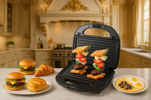 Maquina Sandwichera Waflera Donera Premium 6 En 1 Negro Y Plateado