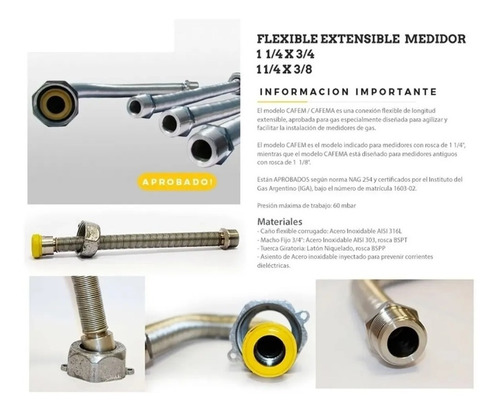 Imagen 5 de 5 de Flexible Aprobado Extensible Medidor Gas 1 1/4 X 3/4 Latyn