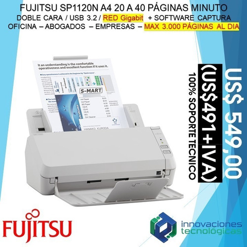 Imagen 1 de 1 de Scanner Escáner Fujitsu Sp1120n Dúplex Red Usb 3.2 20/40 Ppm