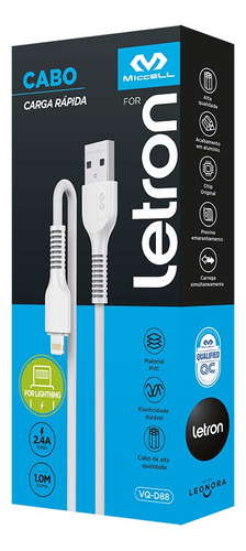 Cabo Tipo Lightnimg Usb 1m Pvc Vq-d88 Letron Branco