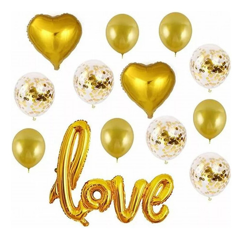 Set 16 Globos Love Gold San Valentín Aniversario/compromiso 