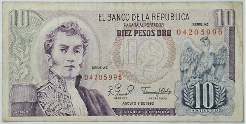 Billete 10 Pesos 07/ago/1980 Serie Az Colombia Vf-xf