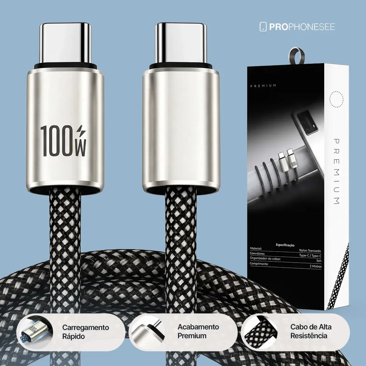 Cabo Usb Tipo C Turbo Compatível Com Iphone Apple Samsung Android Xiaomi Mi Motorola Playstation Ps5 USBC 100W Longo Carregador 2 Metros Dados Celular Controle Turbo Duas Pontas Du