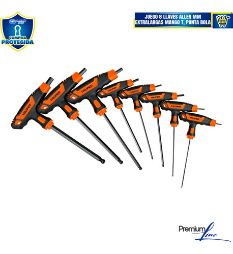 8 Llaves Allen Mm Extralargas Mango T, Punta De Bola 100933