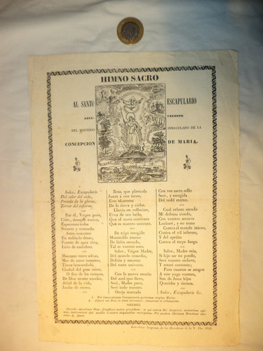 Himno Sacro Al Santo Escapulario Azul. Barcelona, 1848 (Usado)