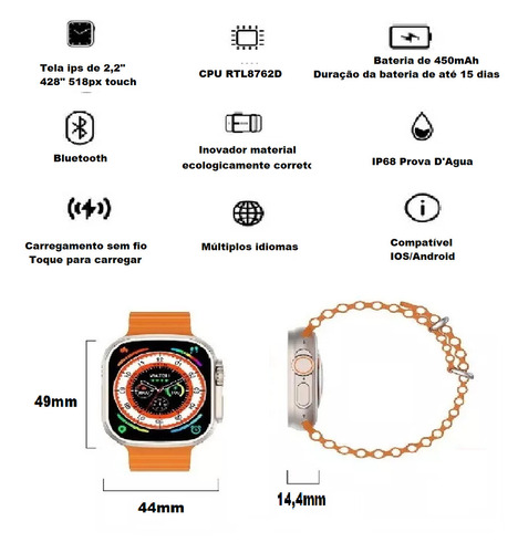 Relogios Smartwatch Cor da caixa Aluminum Cor da pulseira Laranja Cor do bisel Aluminum Desenho da pulseira Alpine Loop