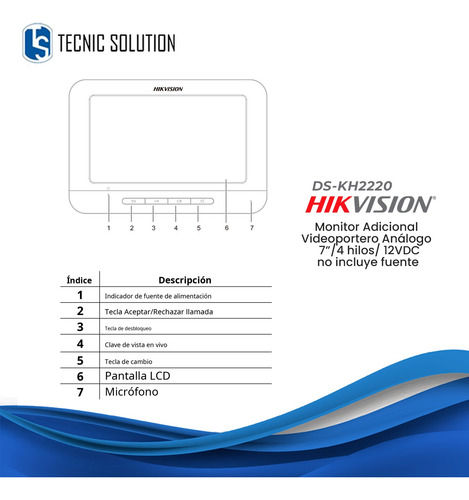 Pantalla Monitor 7 Videoportero Análogo Hikvision Ds-kh2220